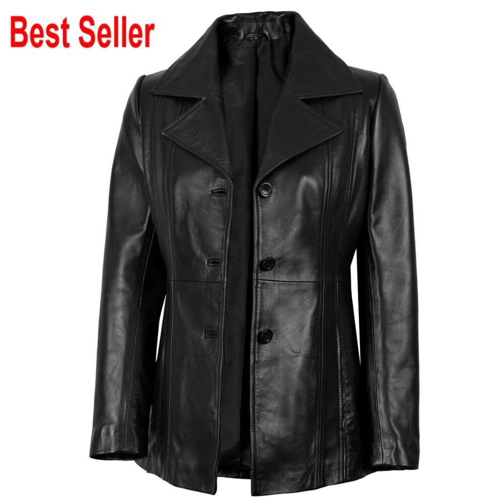 Real Lambskin Leather Blazer Jacket Women Long Sleeve Button Closure